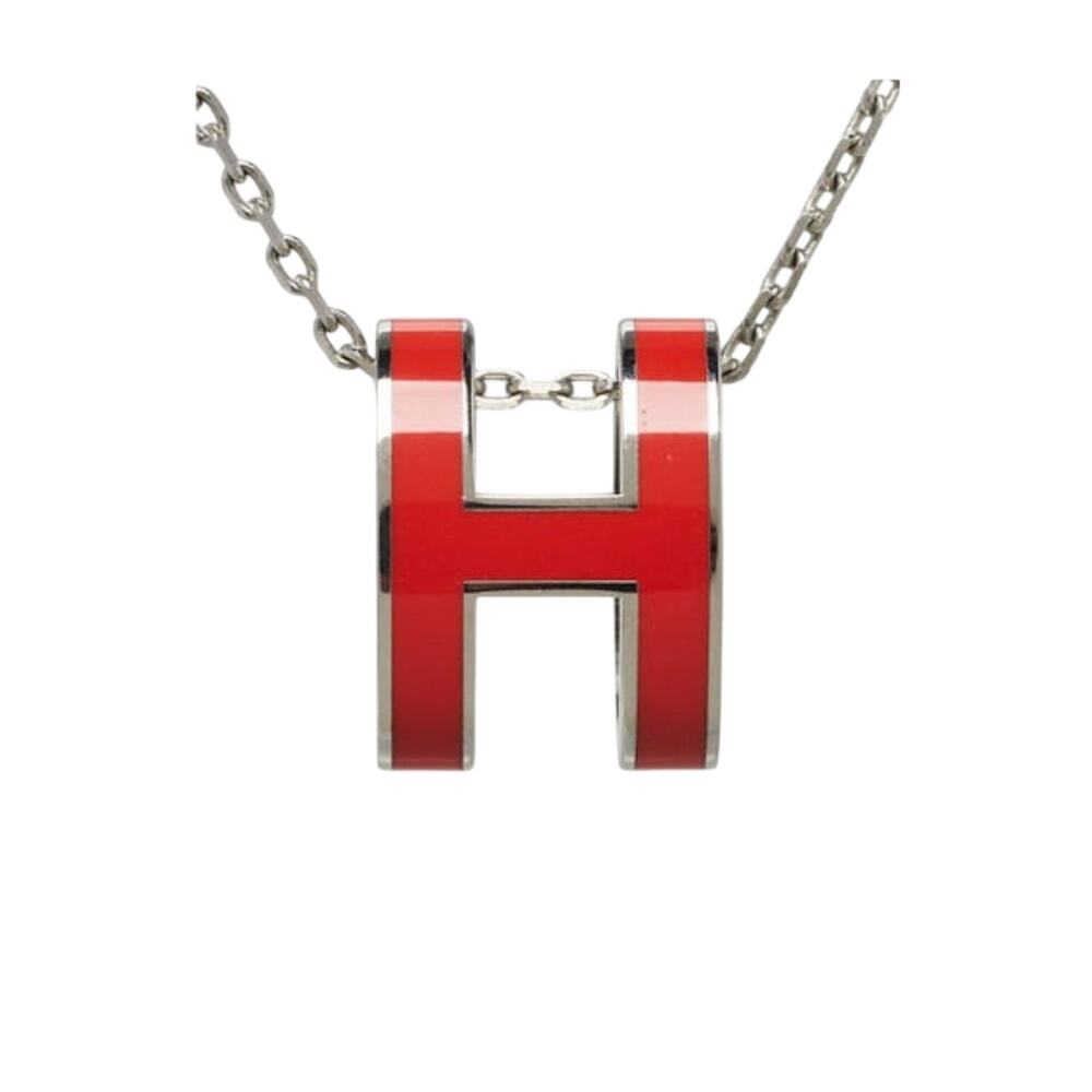 Hermes Red Enamel and Palladium Plated Pop H Pendant Necklace - Picture 1 of 14
